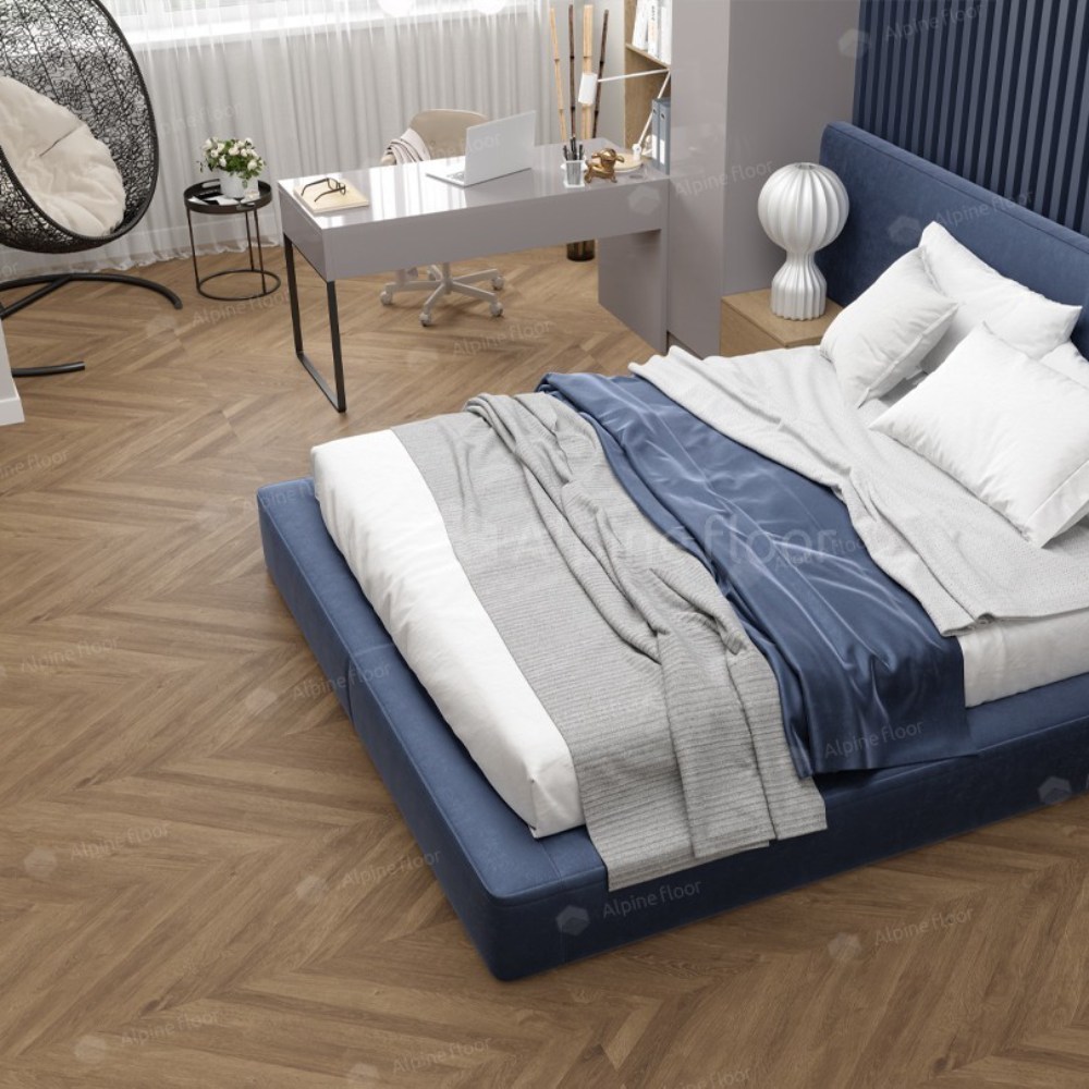 Кварцвиниловая плитка Alpine Floor клеевая Ultra Французская Елочка ECO 5-25 1219,2×228,6×2 фото в интерьере